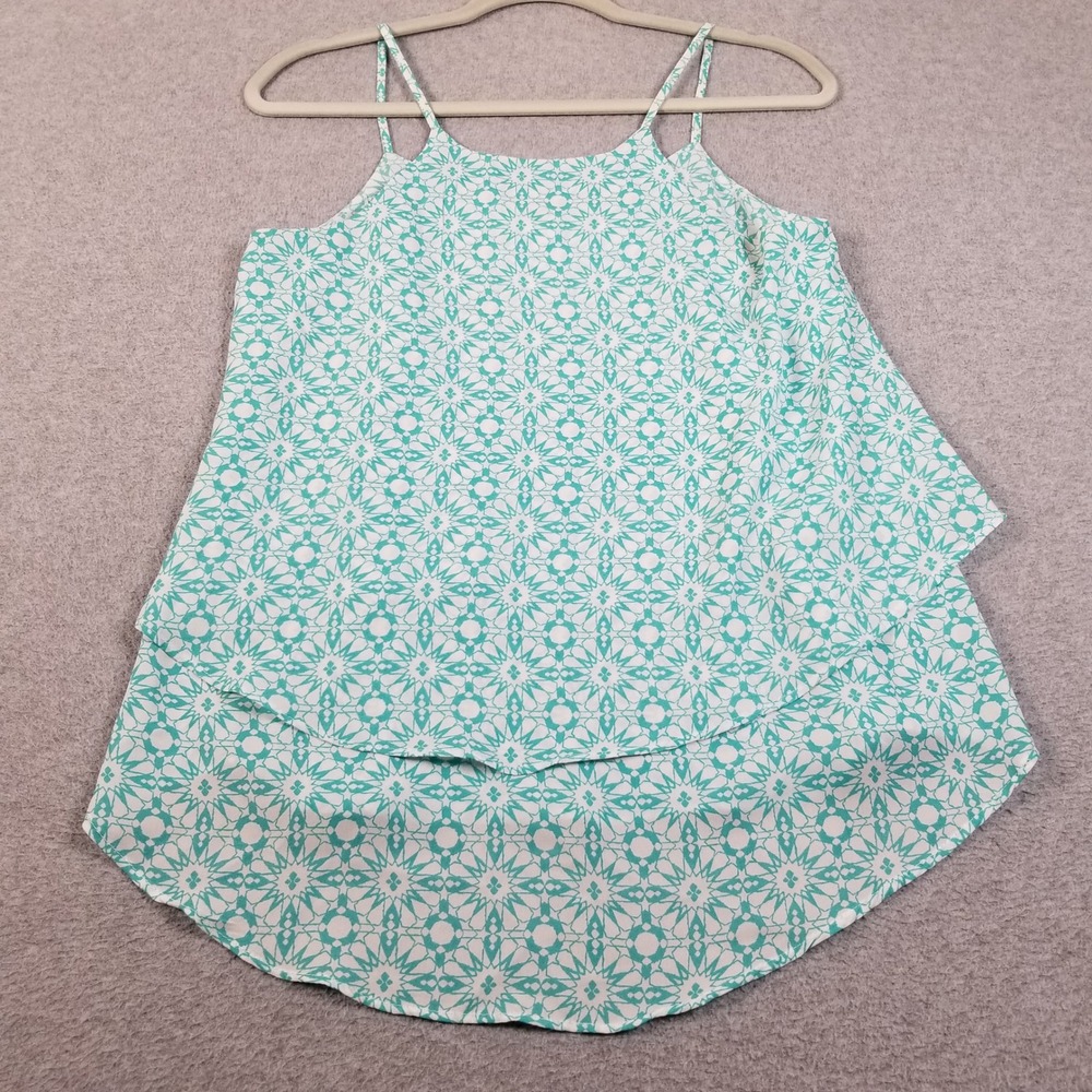 Annabella Cami Tank Top Women S Small Green White Geometric Sheer Layered Blouse